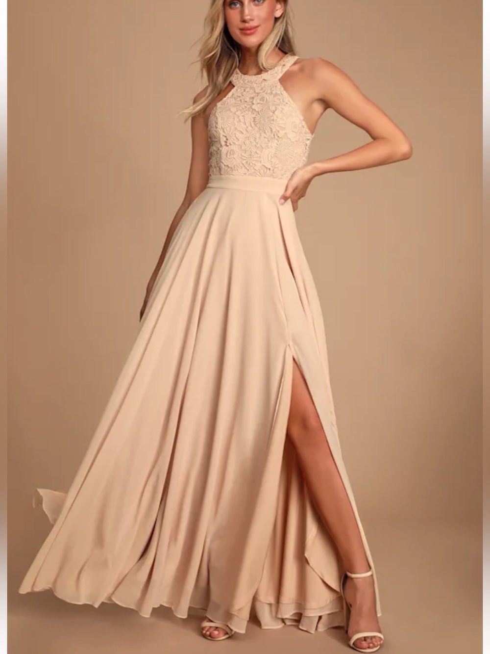 Lulus Picture Perfect Blush Lace Maxi Dress S Style 66581 NWT Halter Neck